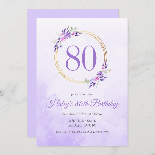 Invitación Pastel Purple Floral Golden Wreath cumpleaños 80 (Anverso / Reverso)