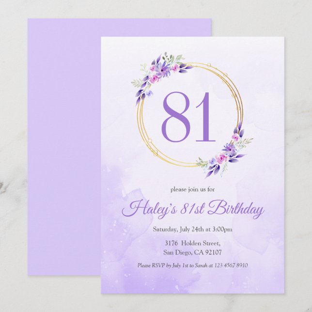 Invitación Pastel Purple Floral Golden Wreath cumpleaños 81 (Anverso / Reverso)