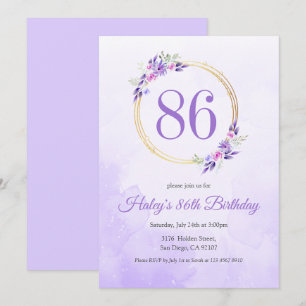 Invitación Pastel Purple Floral Golden Wreath cumpleaños 86
