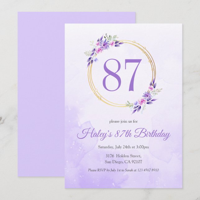 Invitación Pastel Purple Floral Golden Wreath cumpleaños 87 (Anverso / Reverso)