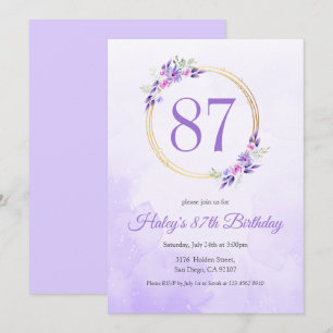 Invitación Pastel Purple Floral Golden Wreath cumpleaños 87