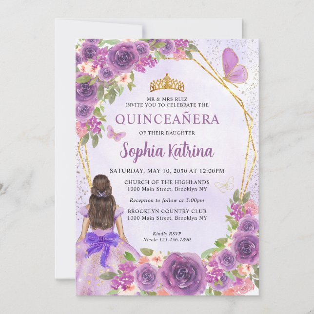 Invitación Pastel Purple Gold Floral Princesa Quinceañera (Anverso)