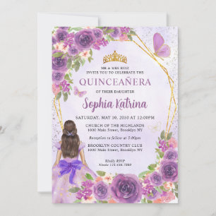 Invitación Pastel Purple Gold Floral Princesa Quinceañera