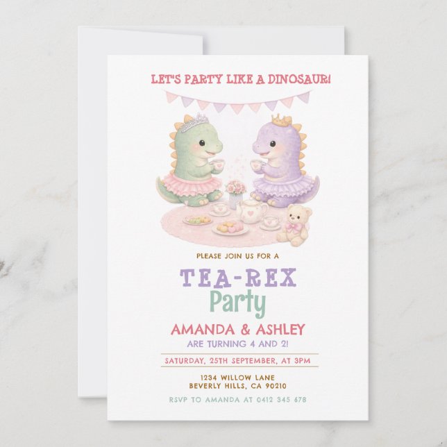 Invitación Pastel Purple Party Like A Dinosaur Joint Birthday (Anverso)