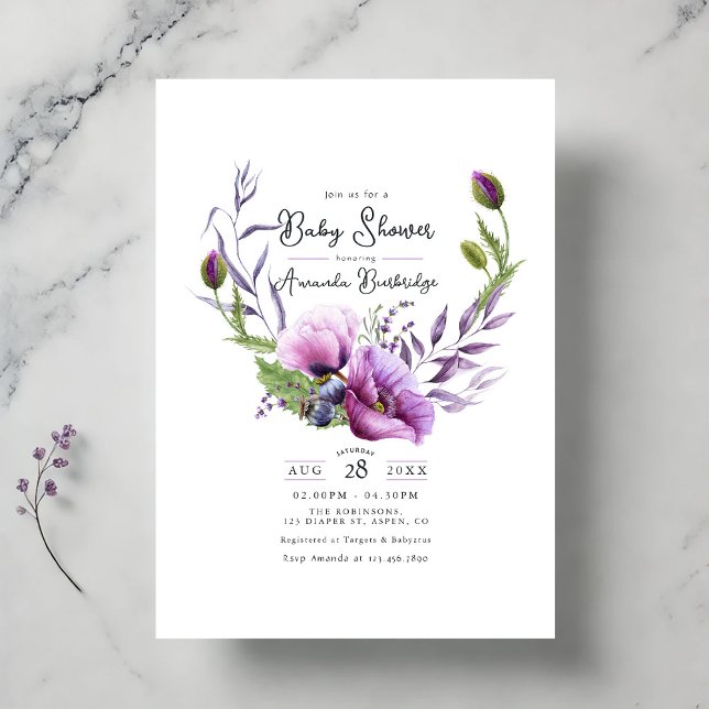 Invitación Pastel Purple Poppy Floral Wreath Baby Shower (Pastel Purple Poppy Floral Wreath Baby Shower Invitation)
