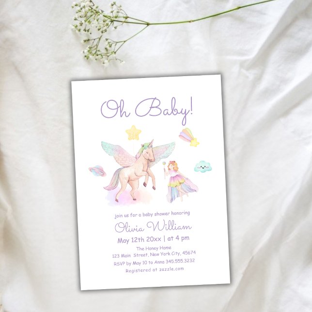 Invitación Pastel Purple Princess Unicorn Chica Baby Shower (Pastel Purple Princess Unicorn Girl Baby Shower Invitation)