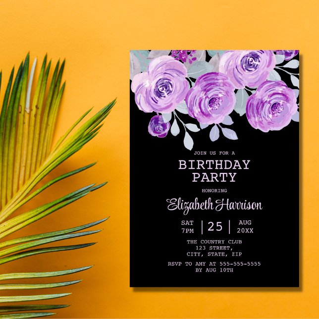 Invitación Pastel Purple Rosa Floral Black Birday Party (Subido por el creador)