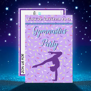 Invitación Pastel Purple Sprinkles Gymnastics Fiesta de cumpl