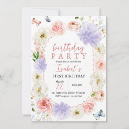 Invitación Pastel Púrpura Mariposa Rosada Cumpleaños