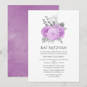 Invitación Pastel púrpura y plata vintage rosa Bat Mitzvah