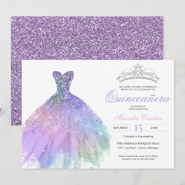 Invitación Pastel Purpurina Mermaid Unicorn Arcoiris Quinceañ (Anverso / Reverso)