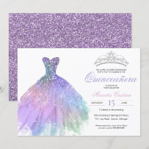 Invitación Pastel Purpurina Mermaid Unicorn Arcoiris Quinceañ