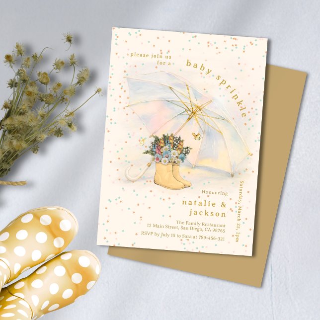 Invitación Pastel Purpurina Paraguas Florales Boots Bebé Spri (Pastel Glitter Umbrella Floral Boots Baby Sprinkle Invitation)
