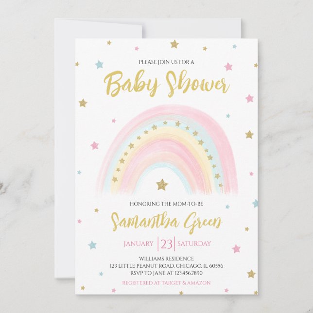 Invitación Pastel Rainbow Baby Shower (Anverso)