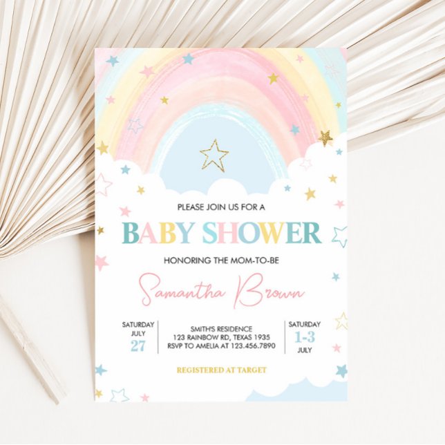Invitación Pastel Rainbow Baby Shower (Pink Boho Rainbow Baby Shower Invitation)