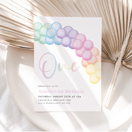 Invitación Pastel Rainbow Balloon Garland Primer Fiesta de cu
