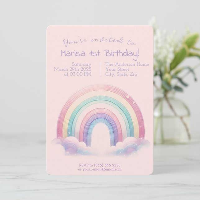 Invitación Pastel Rainbow Birthday Invitation - Party Invite (Anverso de pie)
