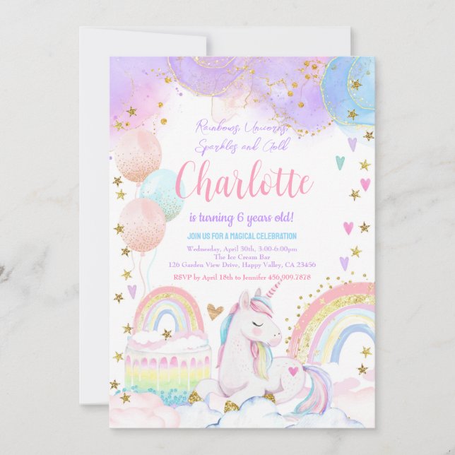 Invitación Pastel Rainbow, Chica del partido de cumpleaños má (Anverso)