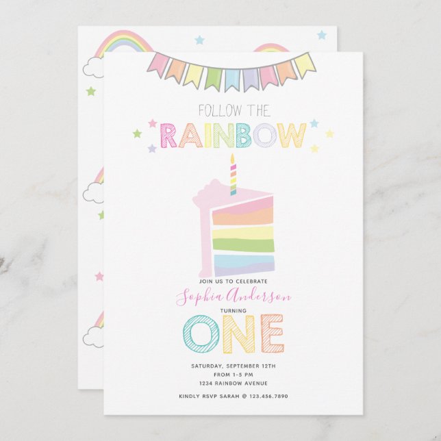 Invitación Pastel Rainbow First Birday Party (Anverso / Reverso)