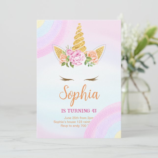 Invitación Pastel Rainbow Floral Unicorn Cumpleaños (Anverso de pie)