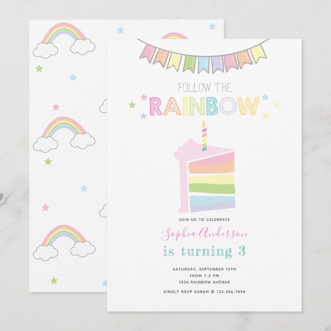 Invitación Pastel Rainbow Kids Fiesta de cumpleaños (Anverso / Reverso)