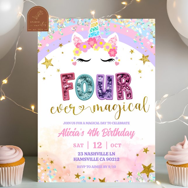 Invitación Pastel Rainbow Magical Unicorn 4th Birthday (Subido por el creador)