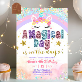 Invitación Pastel Rainbow Magical Unicorn girl birthday 