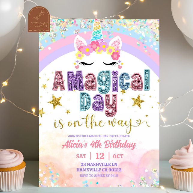 Invitación Pastel Rainbow Magical Unicorn girl birthday  (Subido por el creador)
