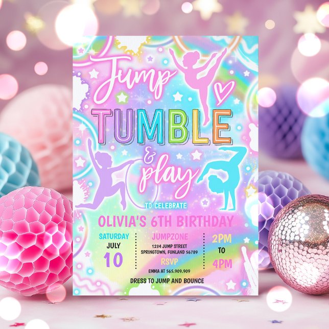 Invitación Pastel Rainbow Neon Gymnastics Fiesta de cumpleaño (Subido por el creador)