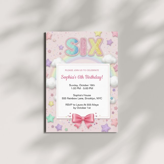 Invitación Pastel Rainbow Sequin Glitter Girl 6th Birthday (Subido por el creador)