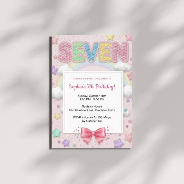 Invitación Pastel Rainbow Sequin Glitter Girl 7th Birthday (Subido por el creador)