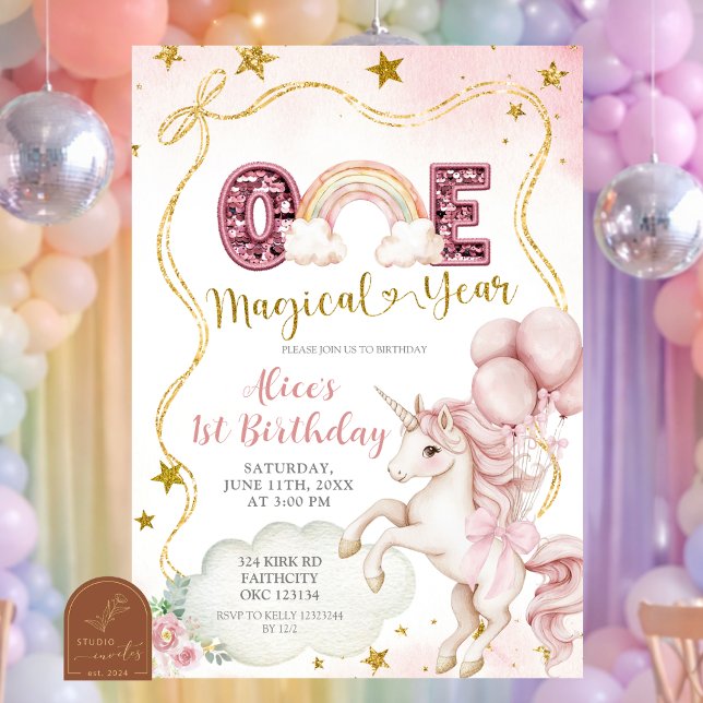 Invitación Pastel Rainbow Sequin Glitter Unicorn One Magical  (Subido por el creador)