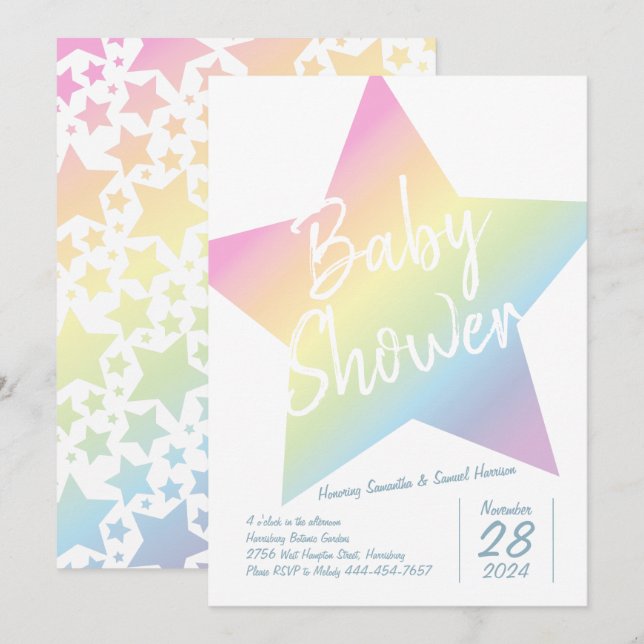 Invitación Pastel Rainbow Stars Baby Shower Simple Moderno (Anverso / Reverso)