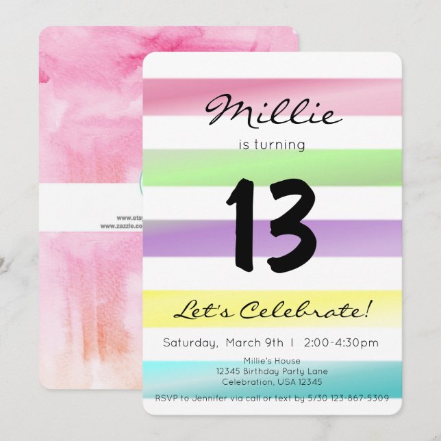 Invitación Pastel Rainbow Stripes Chica Cumpleaños (Anverso / Reverso)