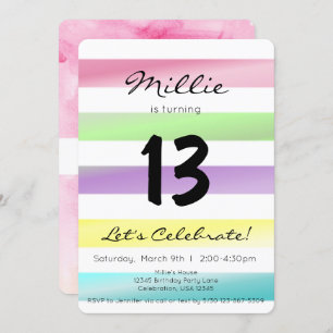 Invitación Pastel Rainbow Stripes Chica Cumpleaños