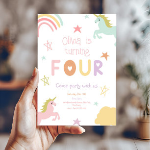 Invitación Pastel Rainbow Unicorn Estrellas cuarto cumpleaños