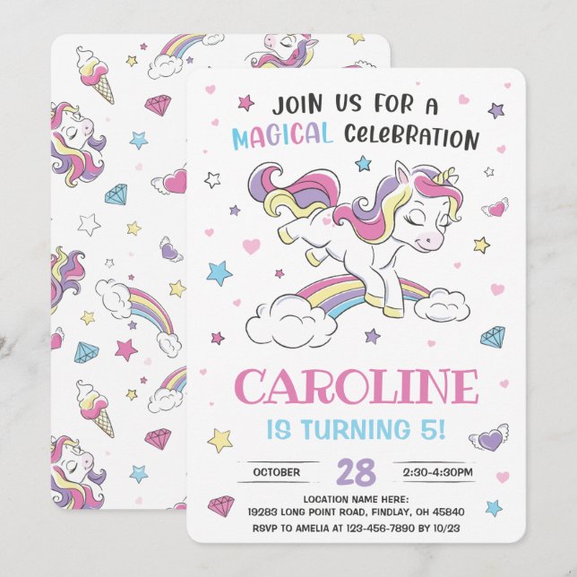 Invitación Pastel Rainbow Unicorn Fiesta de cumpleaños, cualq (Anverso / Reverso)