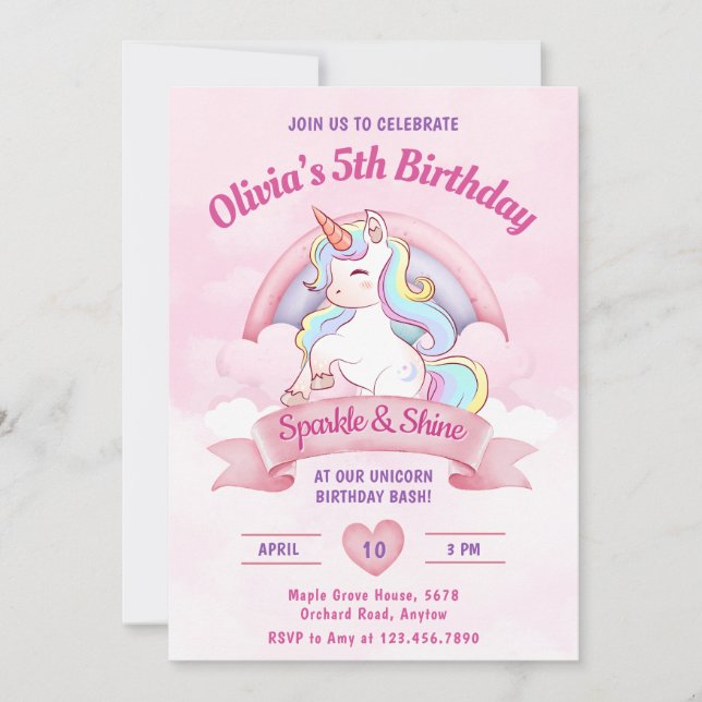 Invitación Pastel Rainbow Unicorn Magnífica fiesta de cumplea (Anverso)
