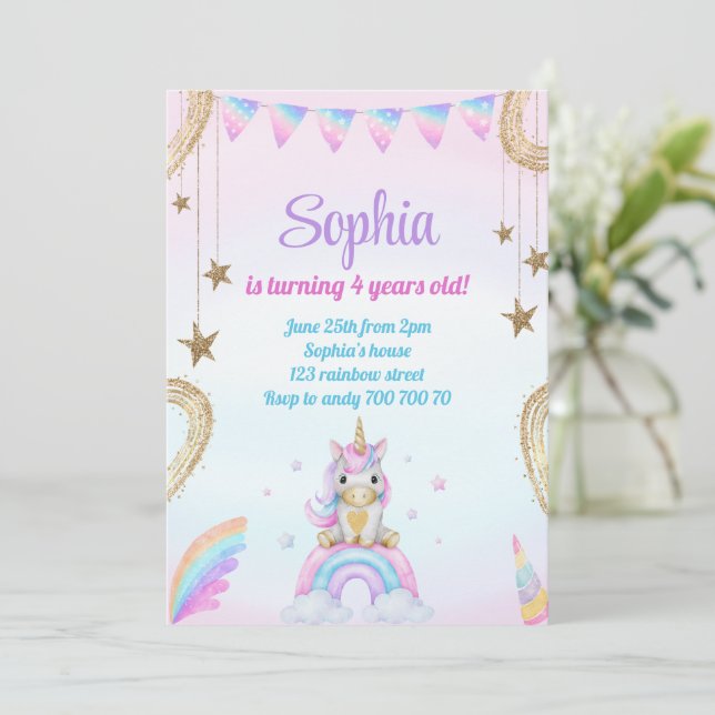 Invitación Pastel Rainbow Unicorn respira cumpleaños (Anverso de pie)