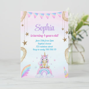 Invitación Pastel Rainbow Unicorn respira cumpleaños