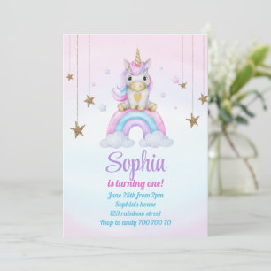 Invitación Pastel Rainbow Unicorn respira primer cumpleaños