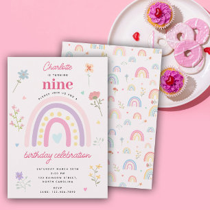 Invitación Pastel Rainbows Chica Wildflowers Corazones Cumple