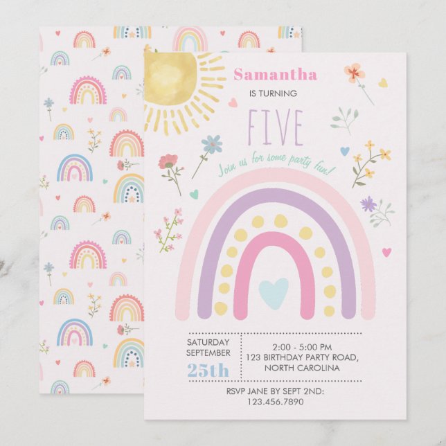 Invitación Pastel Rainbows Girly Wildflowers Corazones Cumple (Anverso / Reverso)
