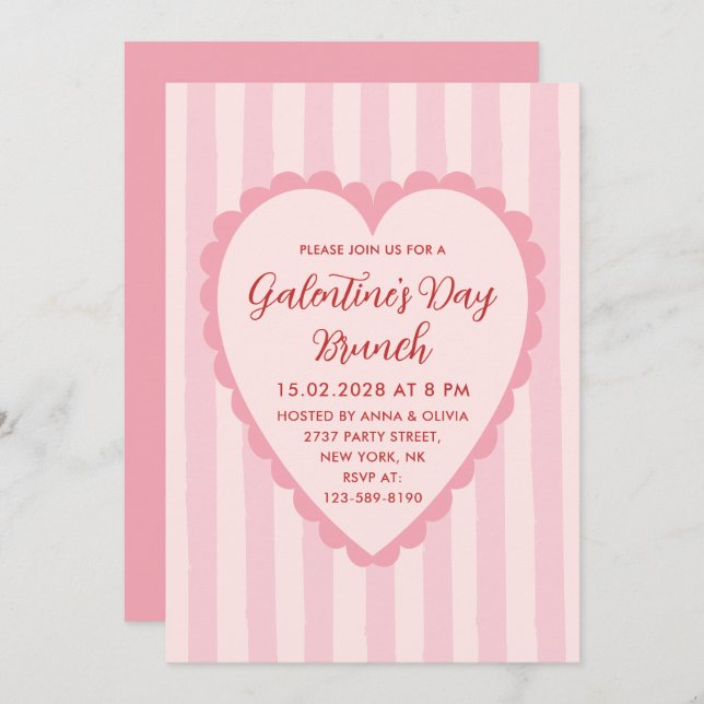 Invitación Pastel Red Pink Hand Drawn Galentine's Day Brunch (Anverso / Reverso)