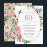Invitación Pastel Red Rose Floral 60ª fiesta de cumpleaños<br><div class="desc">Un suave rojo pastel casi rosa crea un bonito diseño floral en esta elegante invitación de cumpleaños número 60. Las rosas rojas están escondidas en hojas verdes profundas. Los rosas y las hojas decoran un marco dorado de varias cadenas de moda. 60 está escrito en un gran texto rojo. El...</div>