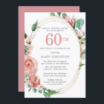 Invitación Pastel Red Rose Floral 60ª fiesta de cumpleaños<br><div class="desc">Un suave rojo pastel casi rosa crea un bonito diseño floral en esta elegante invitación de cumpleaños número 60. Las rosas rojas están escondidas en hojas verdes profundas. Los rosas y las hojas decoran un marco dorado de varias cadenas de moda. 60 está escrito en un gran texto rojo. El...</div>