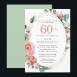 Invitación Pastel Red Rose Floral 60ª fiesta de cumpleaños<br><div class="desc">Un suave rojo pastel casi rosa crea un bonito diseño floral en esta elegante invitación de cumpleaños número 60. Las rosas rojas están escondidas en hojas verdes profundas. Los rosas y las hojas decoran un marco dorado de varias cadenas de moda. 60 está escrito en un gran texto rojo. El...</div>