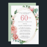 Invitación Pastel Red Rose Floral 60ª fiesta de cumpleaños<br><div class="desc">Un suave rojo pastel casi rosa crea un bonito diseño floral en esta elegante invitación de cumpleaños número 60. Las rosas rojas están escondidas en hojas verdes profundas. Los rosas y las hojas decoran un marco dorado de varias cadenas de moda. 60 está escrito en un gran texto rojo. El...</div>