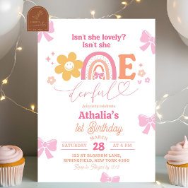 Invitación Pastel Retro Arcoiris Maravilloso Primer Cumpleaño