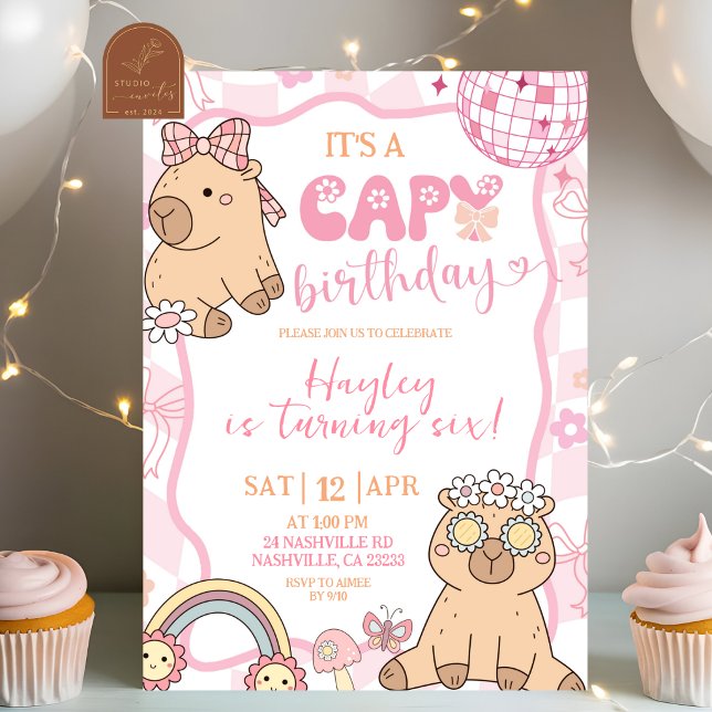 Invitación Pastel Retro Capybara Girl Birthday party (Subido por el creador)
